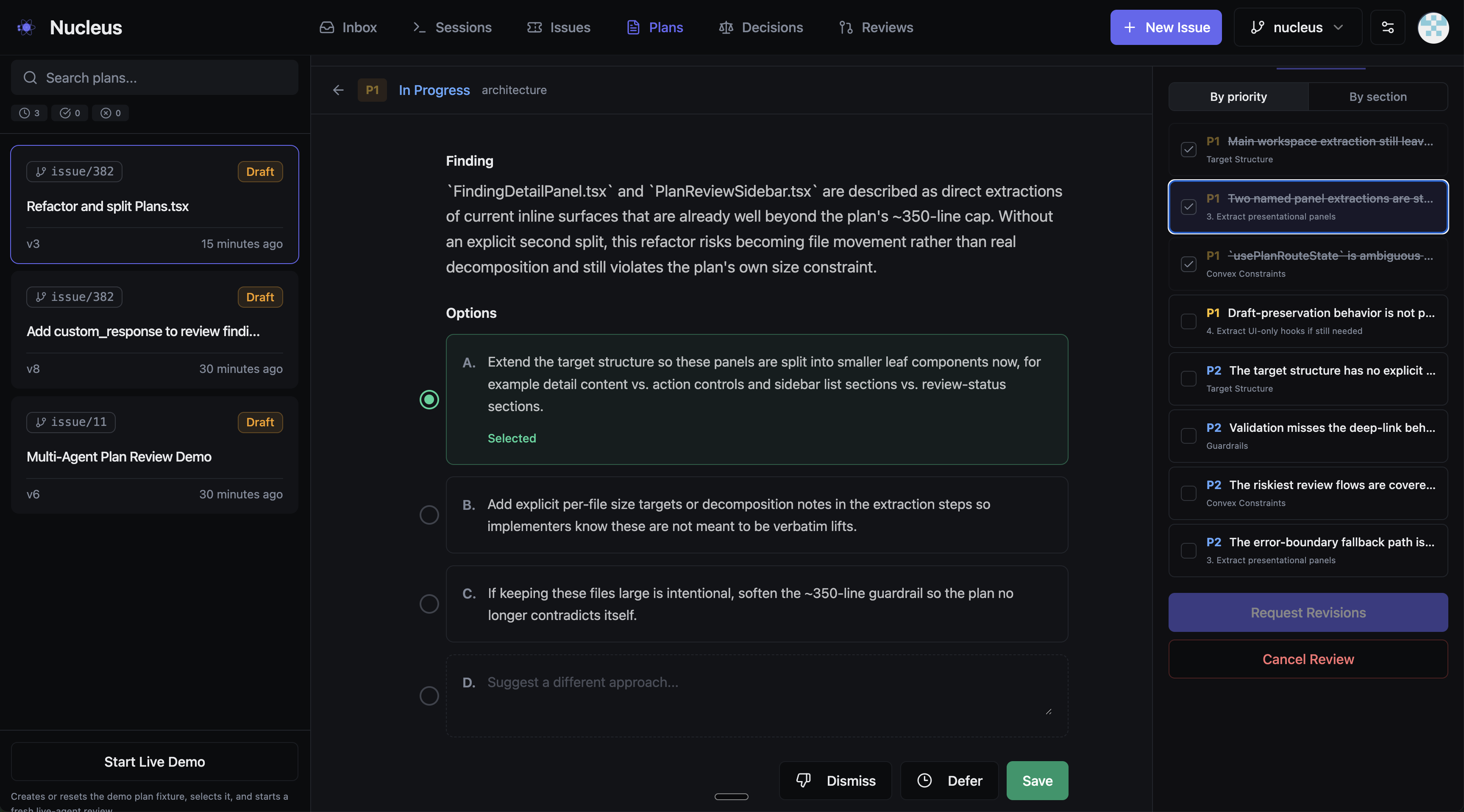 A finding in Nucleus - the agent explains the issue, offers ranked options, and I choose how to resolve it